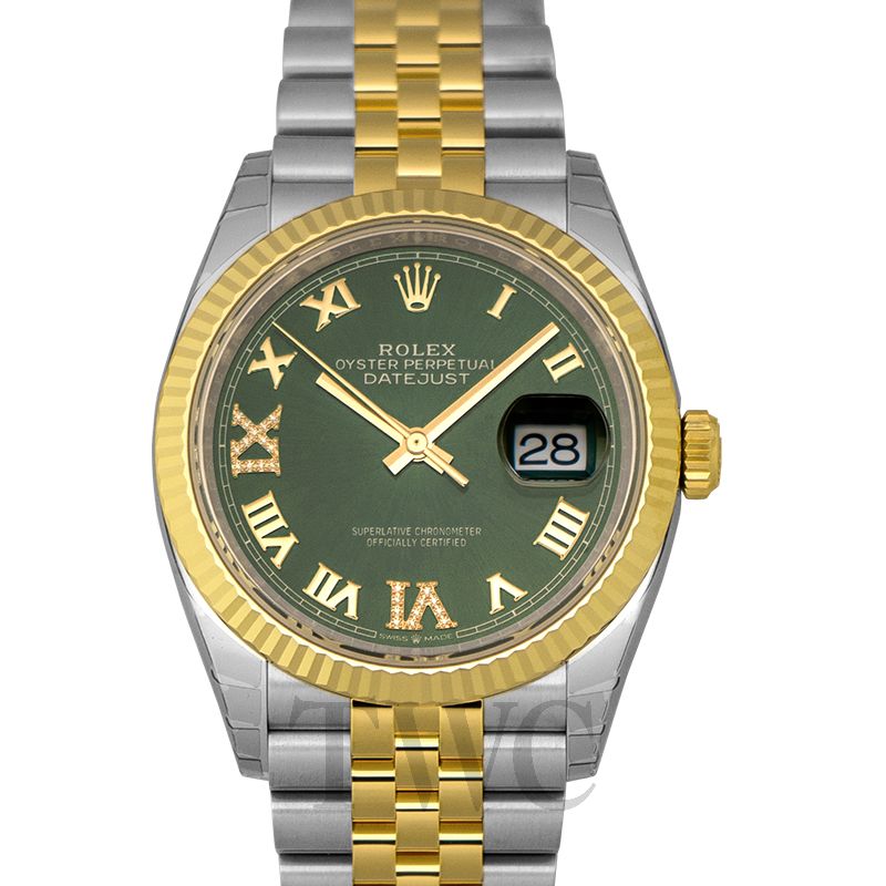 Rolex Datejust 36mm Stainless Steel and Yellow Gold 126233 Olive Green VI IX Roman Oyster